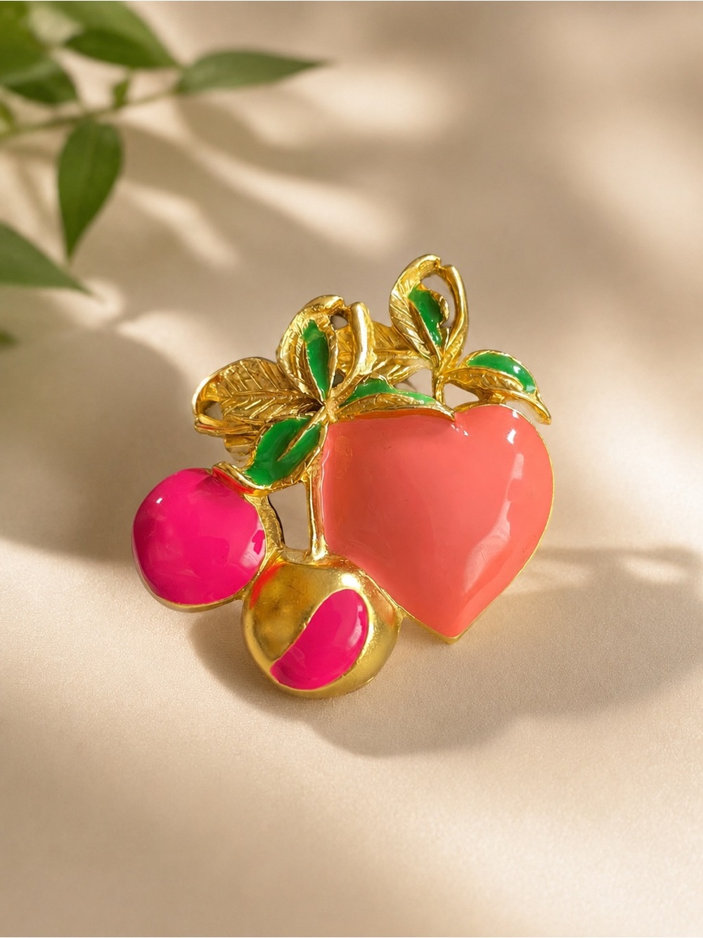 Vintage Signed M. Jent Pink Cherry Enamel Brooch Gold Tone Fruit Pin